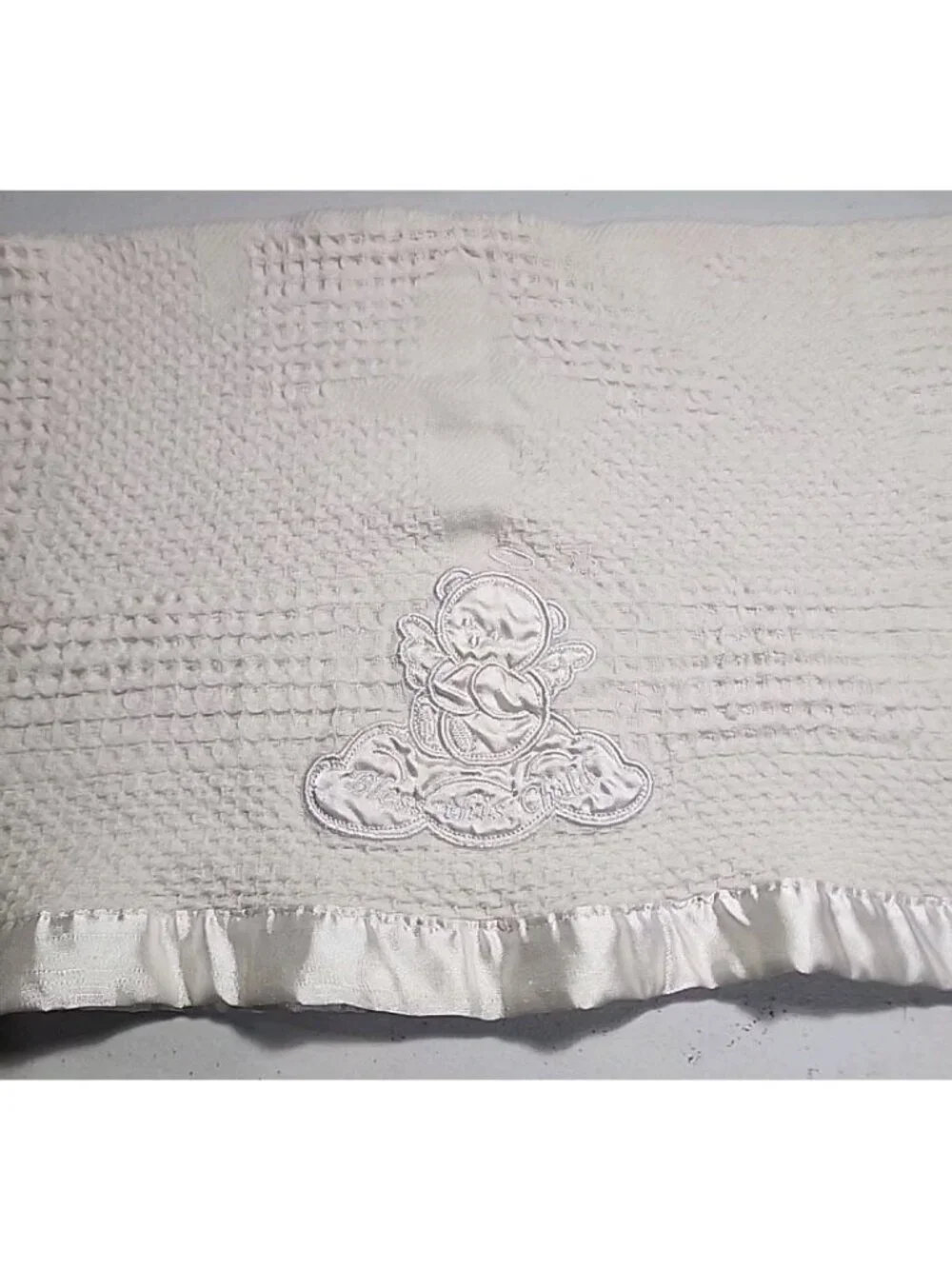 VTG Bless This‎ Child Angel Bear Baby Blanket White Woven Silky Edge Satin Trim